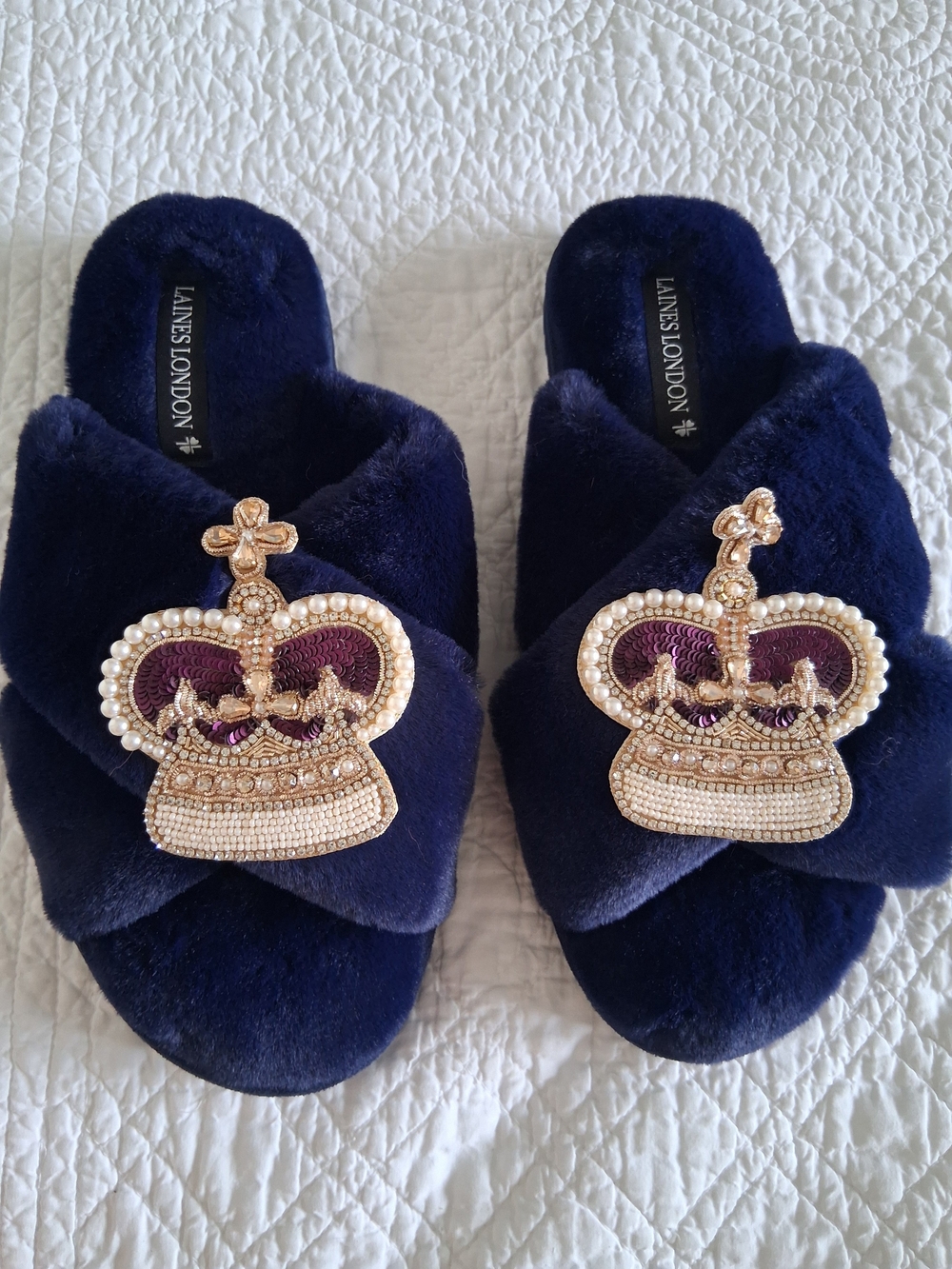 Kids Navy Plush Crown Slippers.